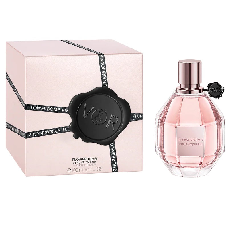 Viktor & Rolf Flowerbomb perfume bottle and packaging on a white background
