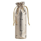 Silver drawstring pouch with brand logo on a white background