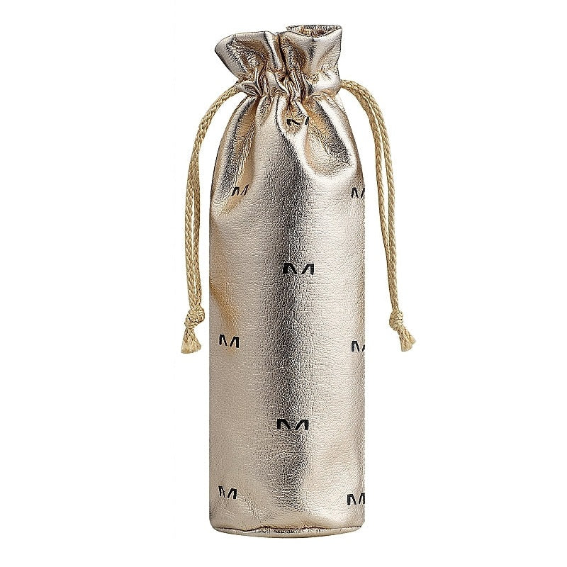 Silver drawstring pouch with brand logo on a white background