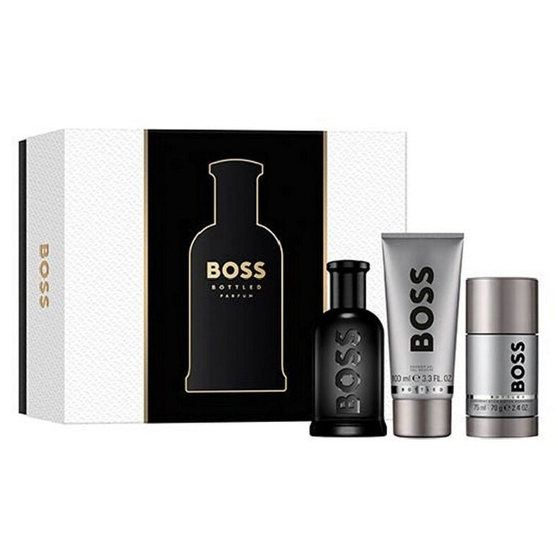 Hugo Boss Boss Bottled Parfum gift set containing a 100ml bottle of eau de parfum, a 100ml shower gel, and a 75ml deodorant stick, packaged in a black and white box with the Boss Bottled design.