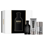 Hugo Boss Boss Bottled Parfum gift set containing a 100ml bottle of eau de parfum, a 100ml shower gel, and a 75ml deodorant stick, packaged in a black and white box with the Boss Bottled design.