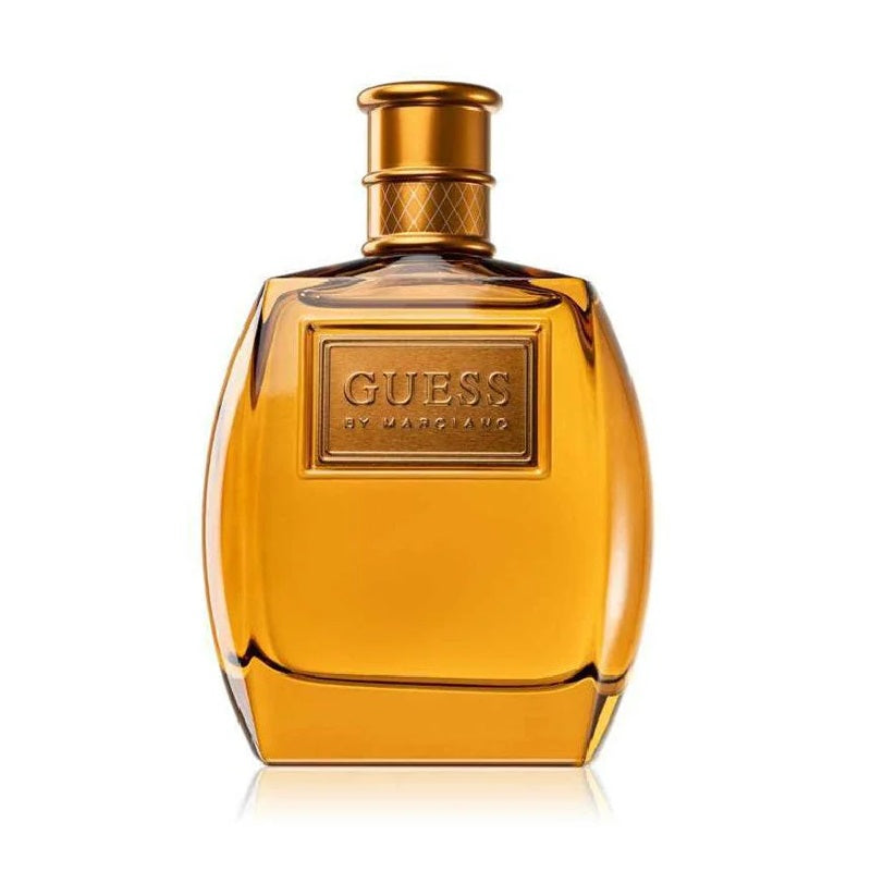Guess perfume bottle with gold cap on a white background