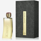 Gold perfume bottle and black textured packaging on a white background