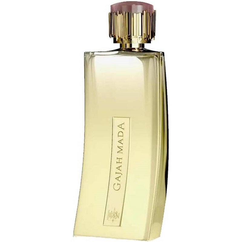 A bottle of Gajah Mada 100ml Eau de Parfum by Lubin with a clear, golden liquid visible and a gold-colored cap.