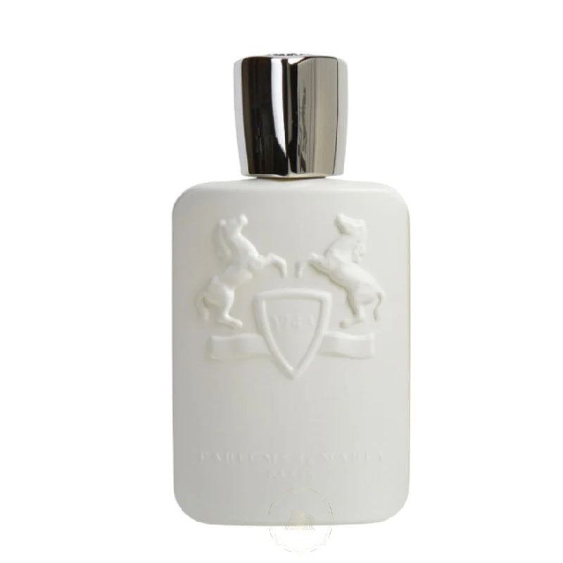 A white bottle of Galloway Eau de Parfum by Parfums De Marly with a metallic cap and embossed design featuring citrus fruits and a shield.