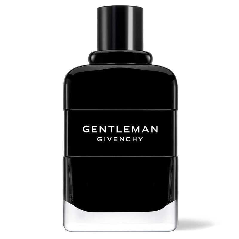 A black bottle of Gentleman Givenchy eau de parfum with a white label and the brand's name displayed prominently.