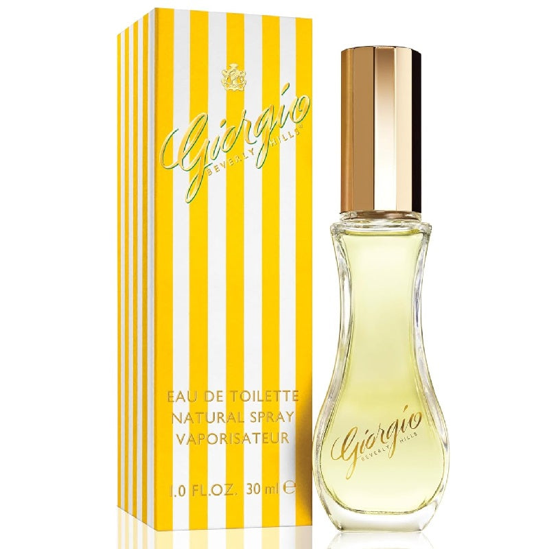 Giorgio Beverly Hills Eau De Toilette spray bottle with yellow and white striped packaging.