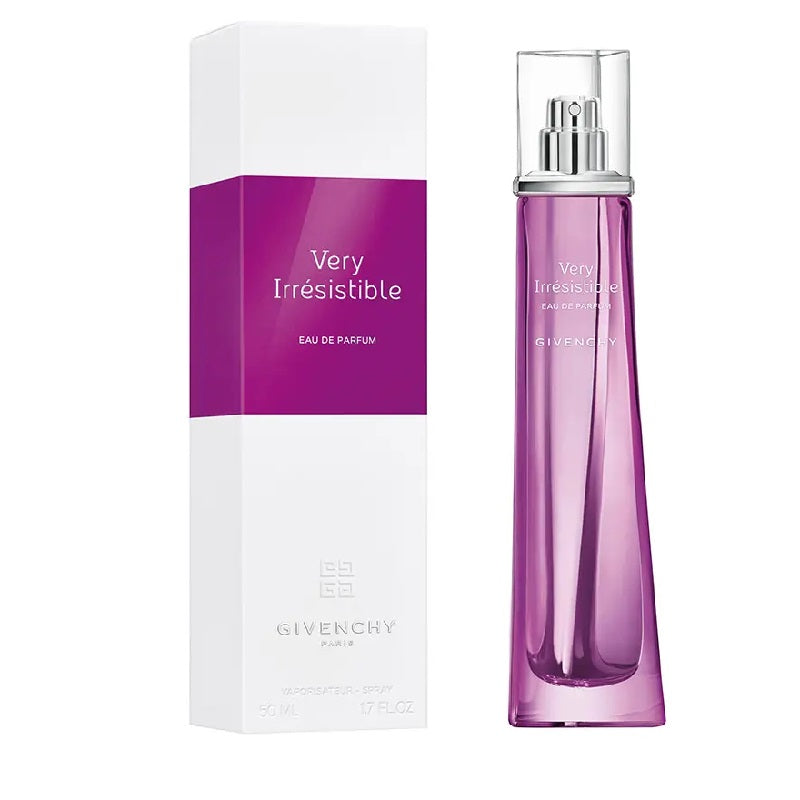 A image of Givenchy's Very Irresistible Eau de Parfum, showing the perfume bottle and packaging. The bottle is purple with a clear cap, and the packaging is white with purple accents.