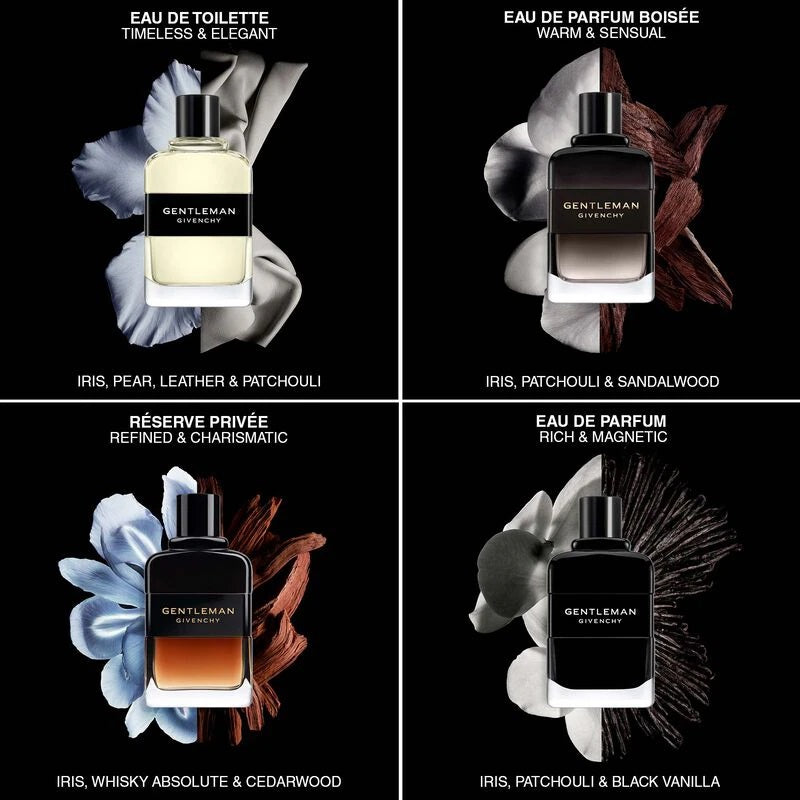 Four different bottles of Gentleman's perfume with floral elements on a black background