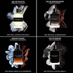 Four different bottles of Gentleman's perfume with floral elements on a black background