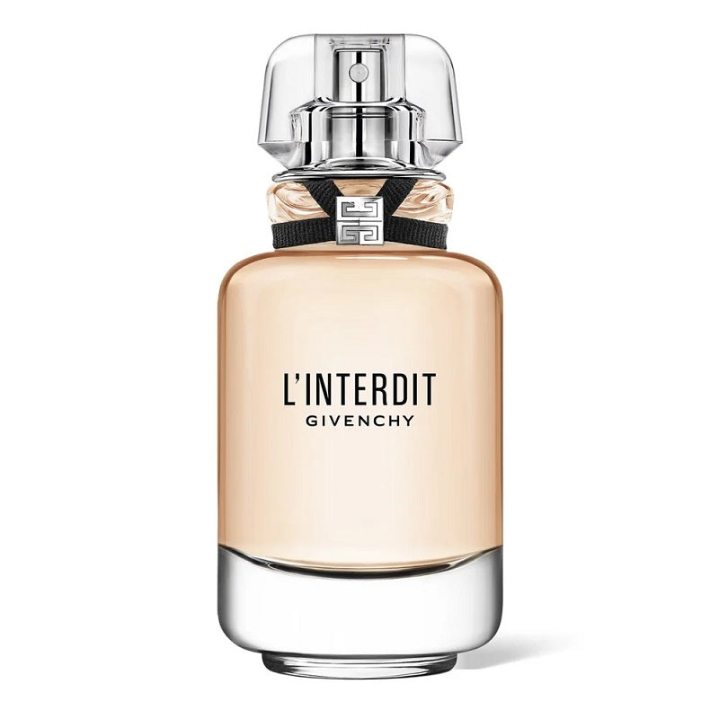 A glass bottle of Givenchy L'Interdit Eau de Toilette with a silver cap and a white label.