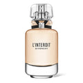 A glass bottle of Givenchy L'Interdit Eau de Toilette with a silver cap and a white label.