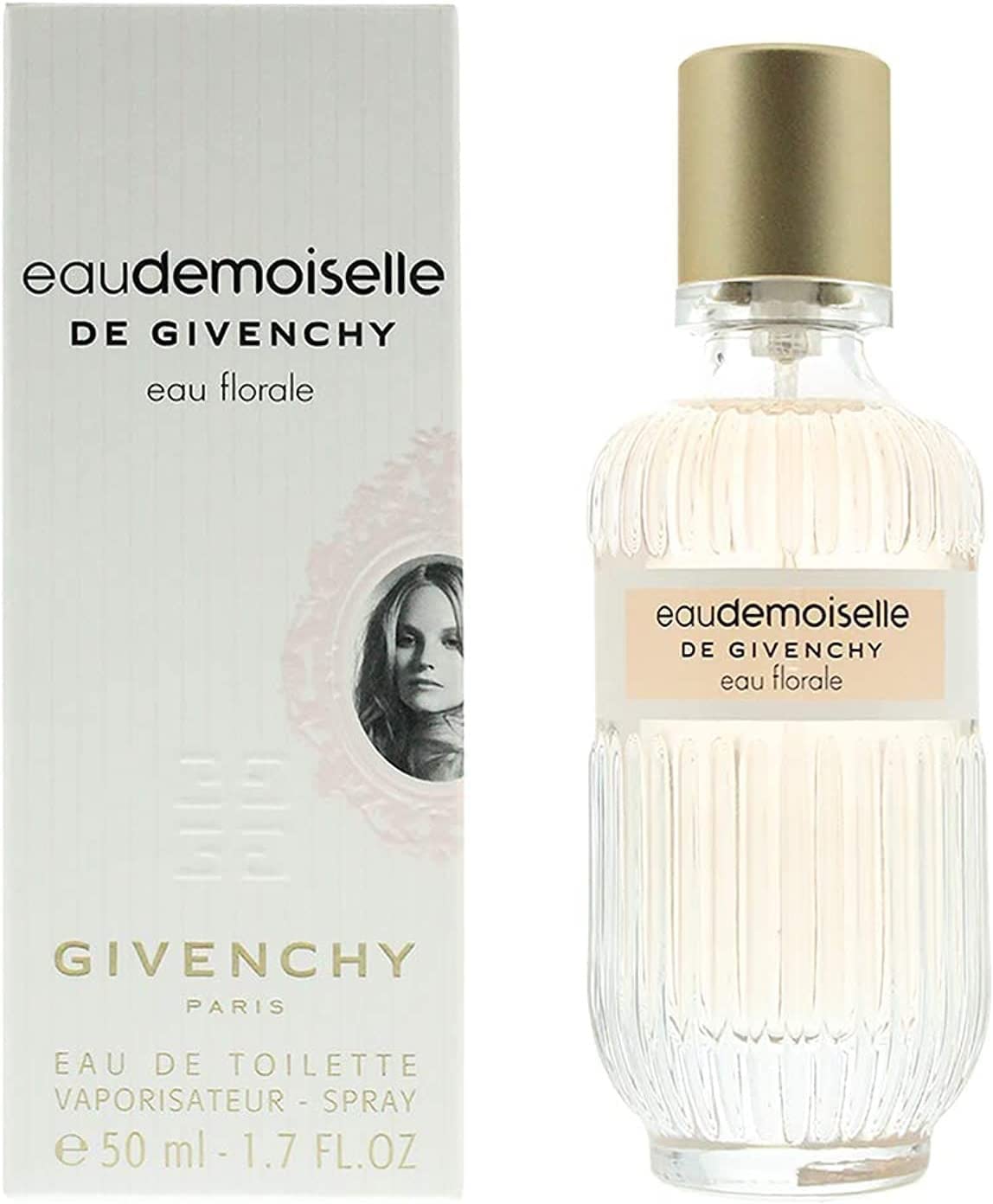 Givenchy eau demoiselle perfume bottle and packaging on a white background