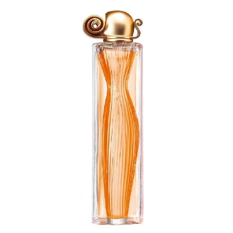 Perfume bottle with gold cap on a white background