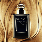 Gucci Intense Oud perfume bottle on a gold background
