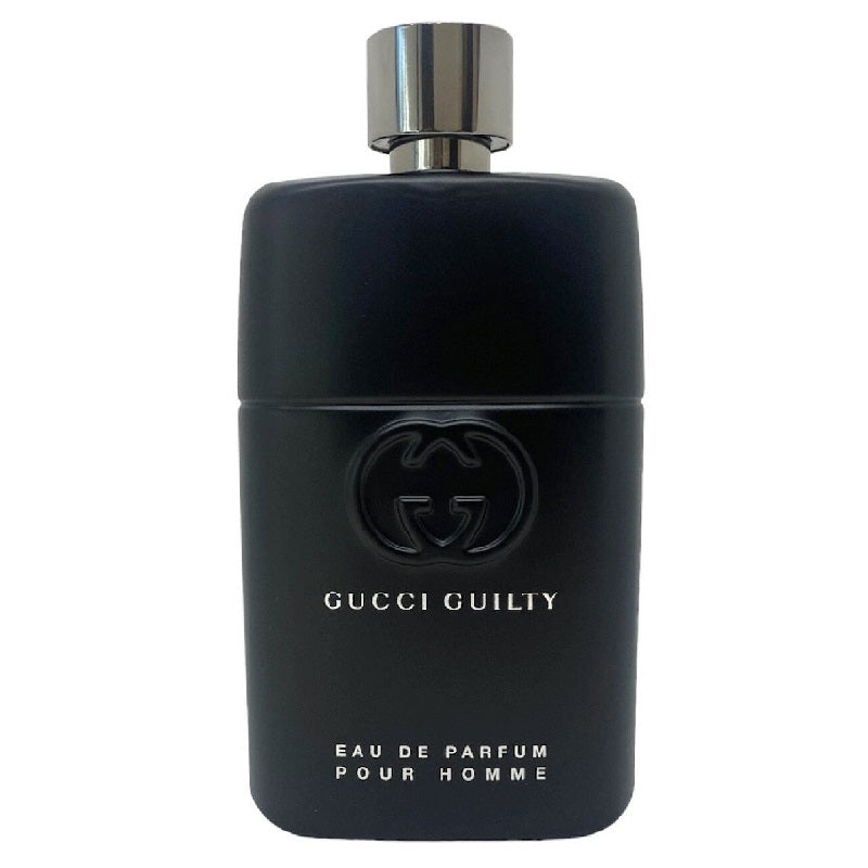 Black Gucci Guilty Eau de Parfum bottle on a white background