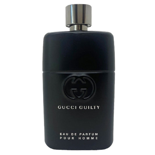 Black Gucci Guilty Eau de Parfum bottle on a white background