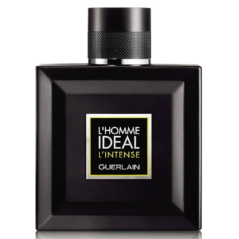 A black bottle of L'Homme Ideal L'Intense Guerlain eau de parfum with original packaging, displaying the product name and brand.