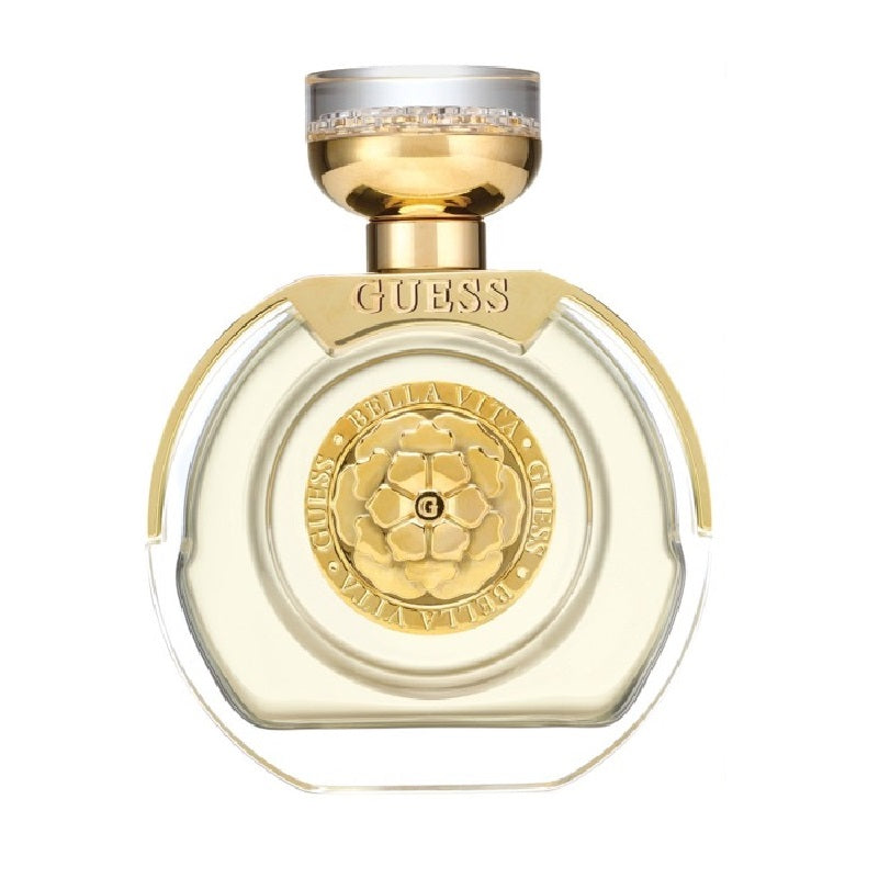 Guess perfume bottle with gold cap and decorative label on a white background