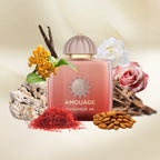 Amouage Guidance 46 perfume bottle surrounded by flowers, almonds, and other natural elements on a beige background
