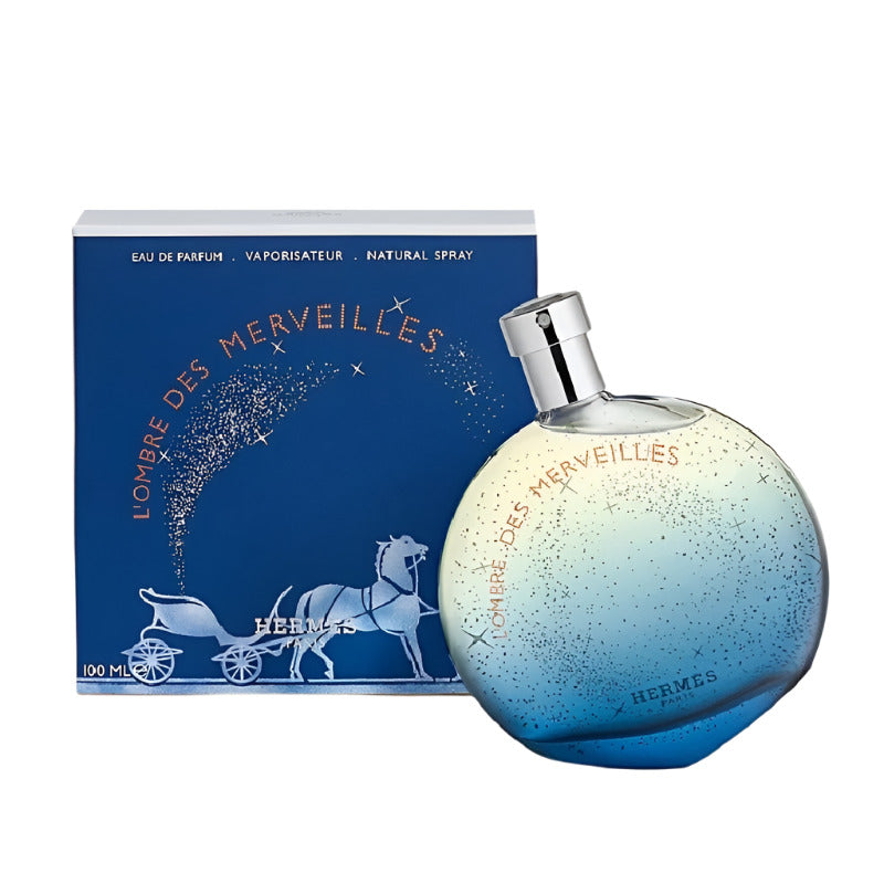 Perfume bottle with gradient design and packaging on a white background