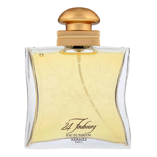 Hermes 24 Faubourg Eau de Parfum bottle with gold cap on a white background