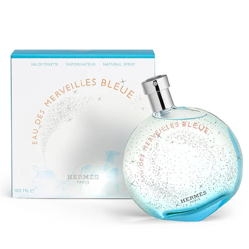 Blue perfume bottle with packaging on a white background