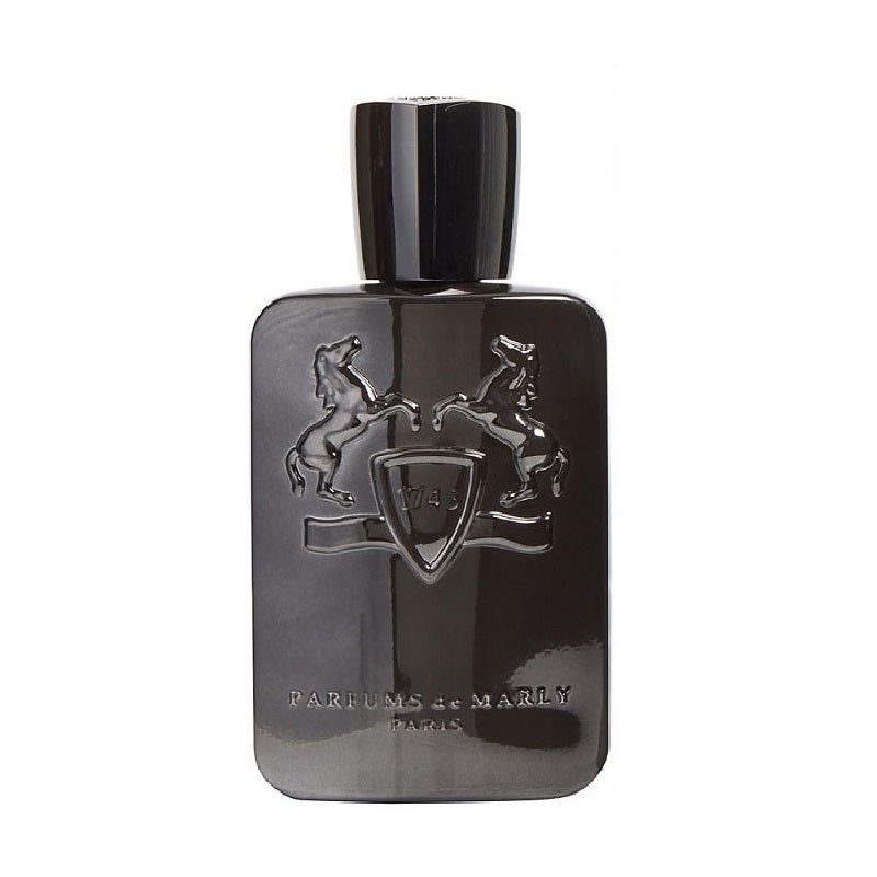 A black bottle of Herod Royal Essence Eau de Parfum by Parfums de Marly with a white emblem and text on the label.