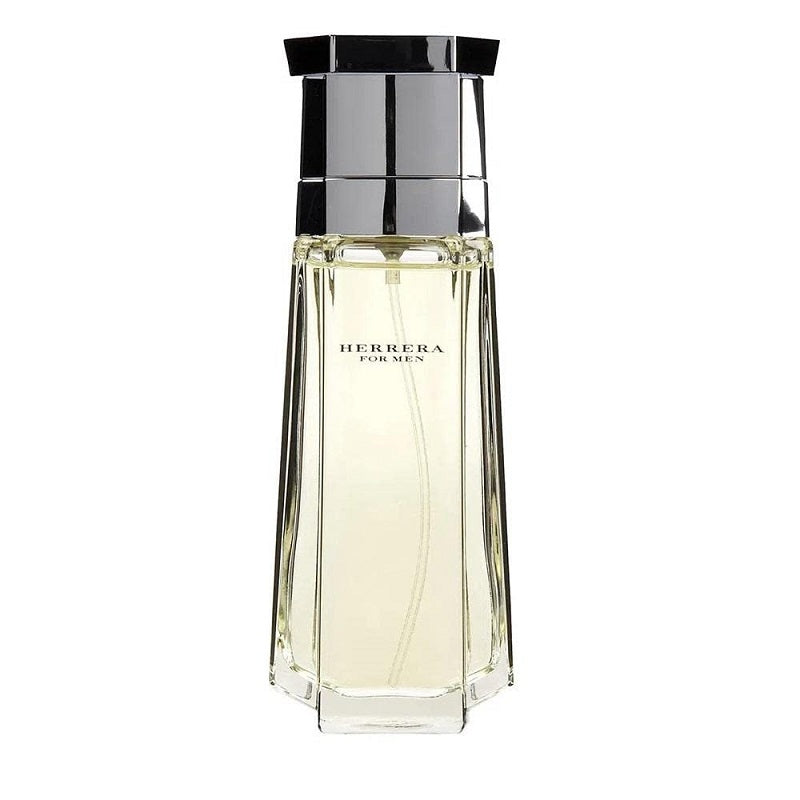 A bottle of Herrera for Men (100ml) Eau de Toilette by Carolina Herrera with a clear, faceted design and a silver cap.