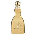 Gold perfume bottle with a prominent logo on a white background