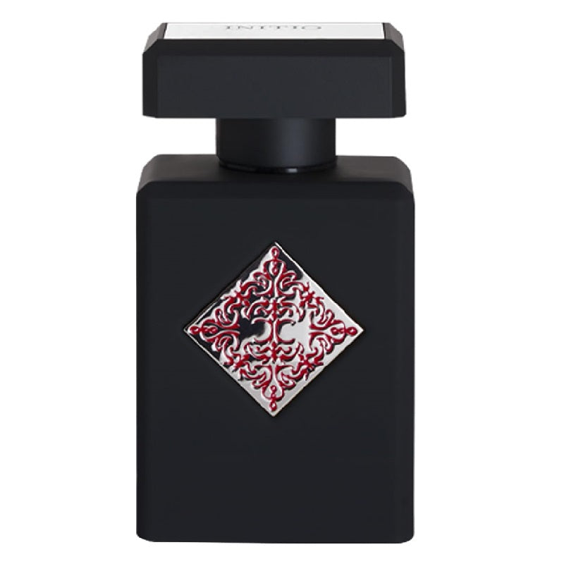 Black perfume bottle with a decorative red and white emblem on a white background