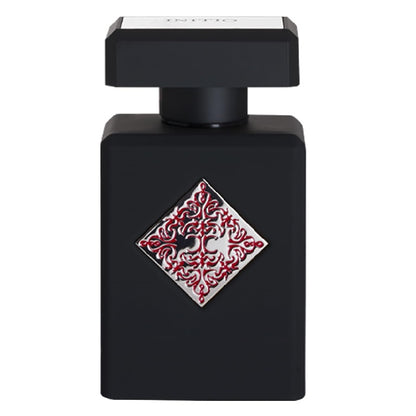 Black perfume bottle with a decorative red and white emblem on a white background