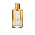Perfume bottle with gold cap and label on a white background