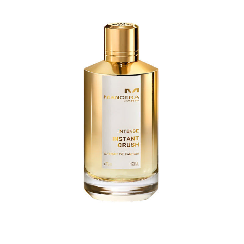 Perfume bottle with gold cap and label on a white background