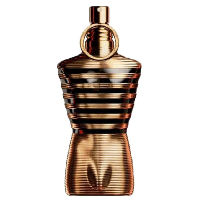 A bottle of Le Male Elixir Eau de Parfum by Jean Paul Gaultier, featuring a gold and brown color scheme with a design that resembles a male torso.