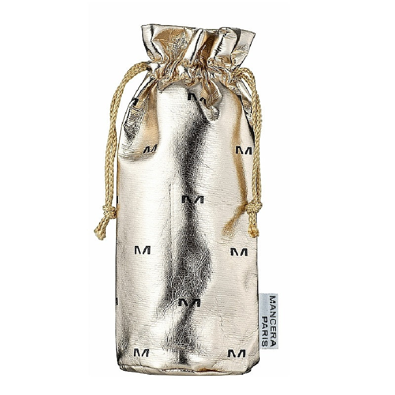 Silver drawstring bag with 'Mancera' branding on a white background