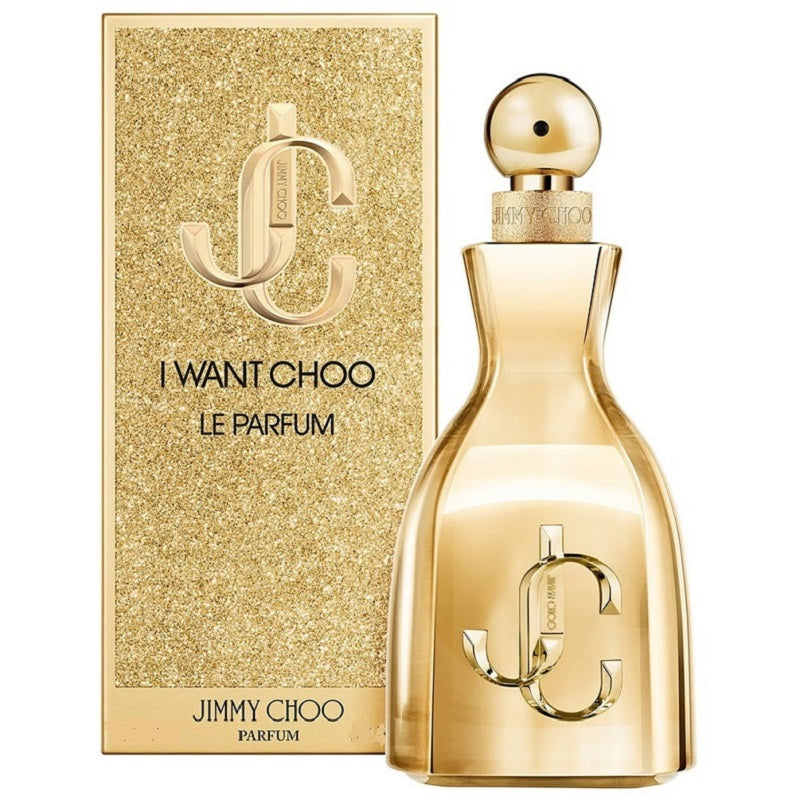 Gold Jimmy Choo perfume bottle and packaging on a white background