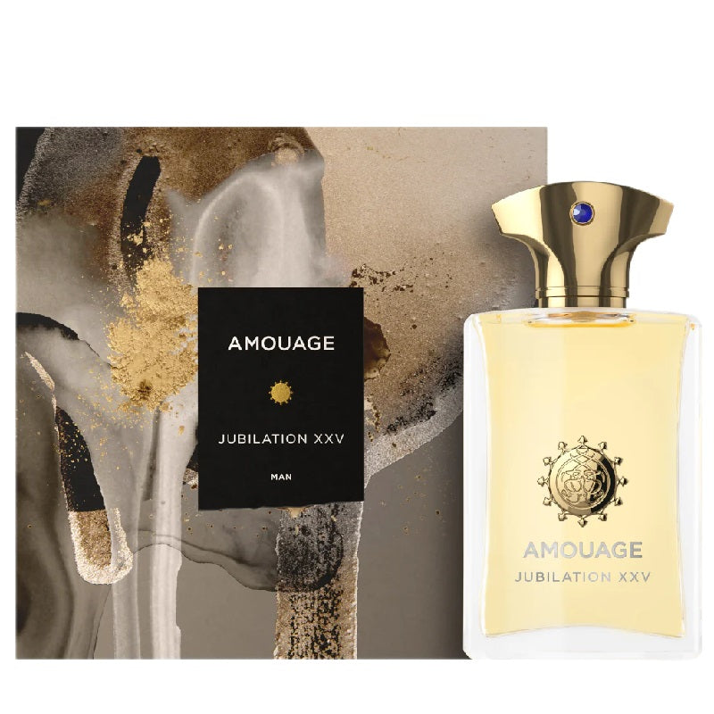 Amouage Jubilation XXV perfume bottle and packaging on a textured background