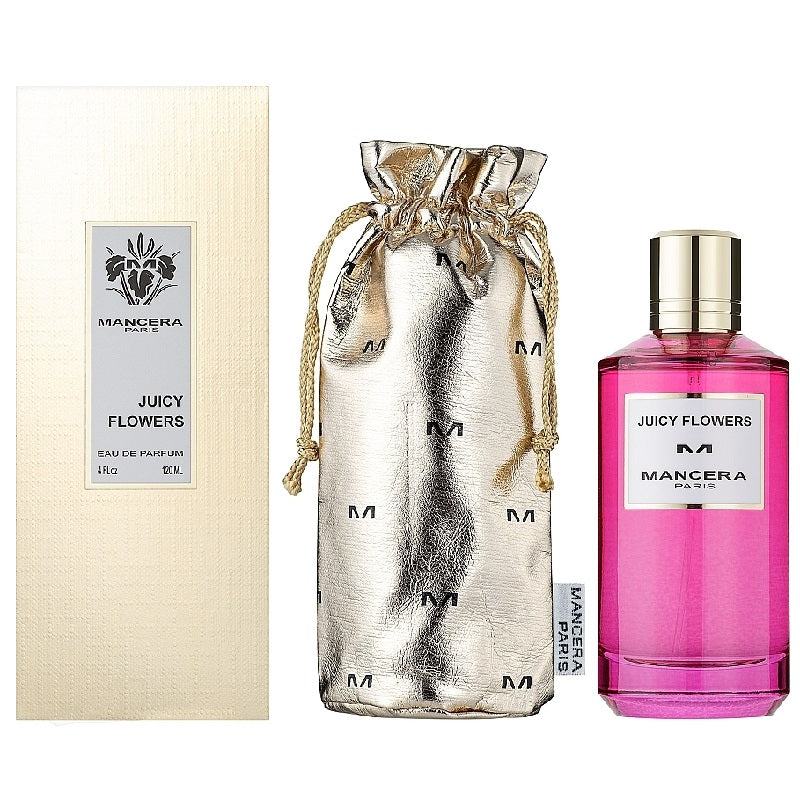 Mancera Juicy Flowers perfume set with pink bottle, silver pouch, and box on a white background