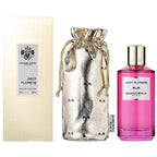 Mancera Juicy Flowers perfume set with pink bottle, silver pouch, and box on a white background