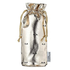 Silver drawstring bag with 'M' branding on a white background
