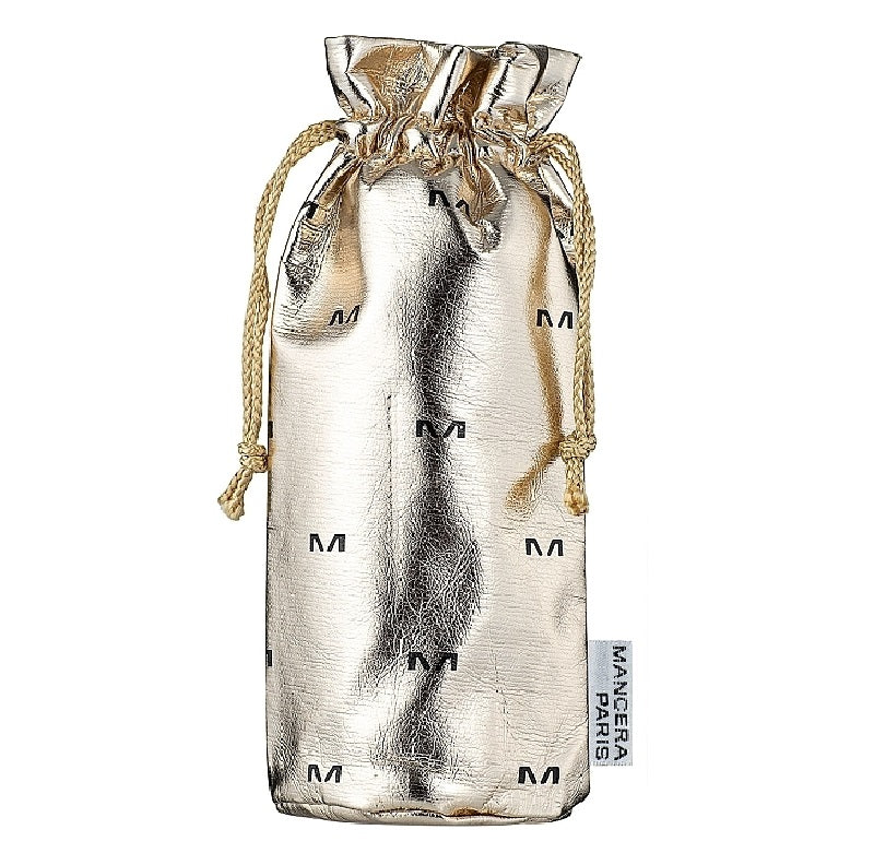 Silver drawstring bag with 'M' branding on a white background