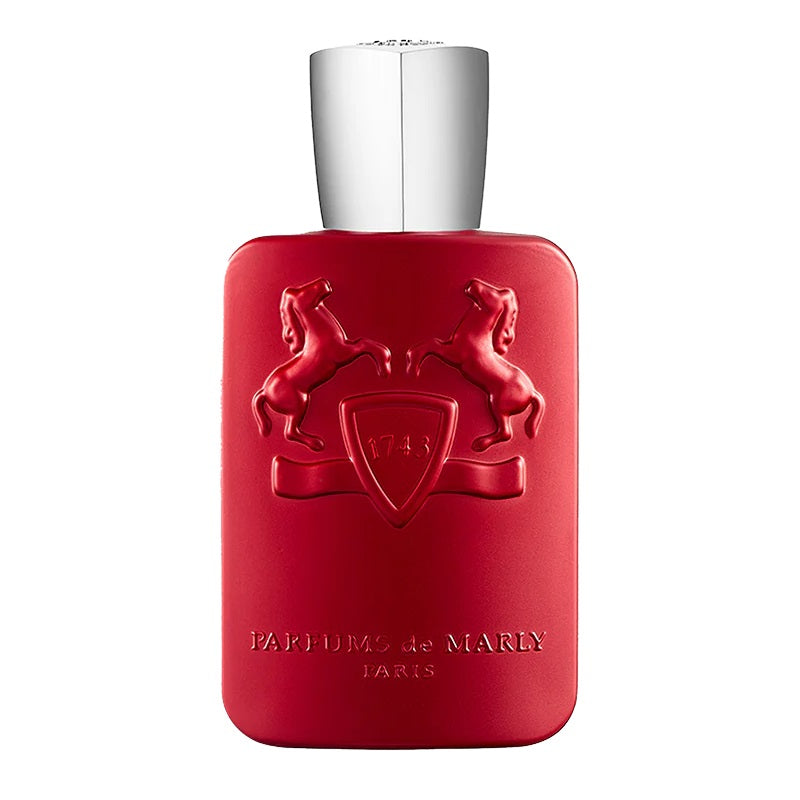 A red bottle of Kalan Eau de Parfum by Parfums De Marly with a white cap and emblem design.