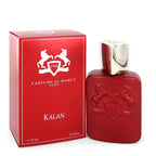 A red bottle of Kalan Eau de Parfum by Parfums De Marly with a silver cap, alongside its red box displaying the brand and product name.