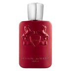 A red perfume bottle with a white cap and emblematic design, labeled 'Parfums De Marly'.