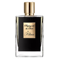 Perfume bottle with gold cap and label on a white background
