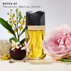 Perfume bottle with flowers and text indicating floral notes