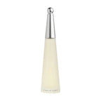 Perfume bottle with a white body and silver cap on a white background