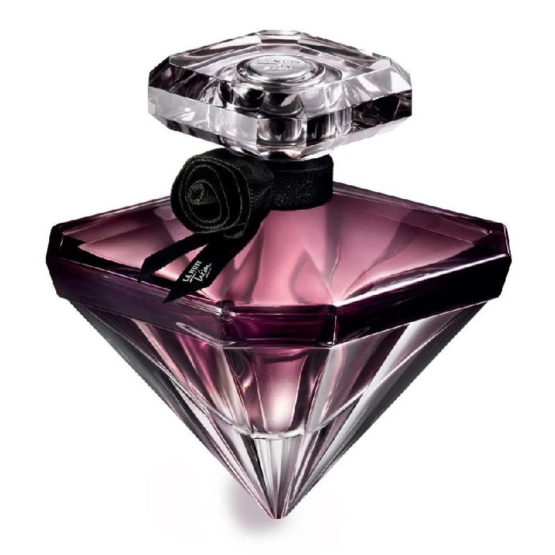 Diamond-shaped purple perfume bottle with clear cap on a white background