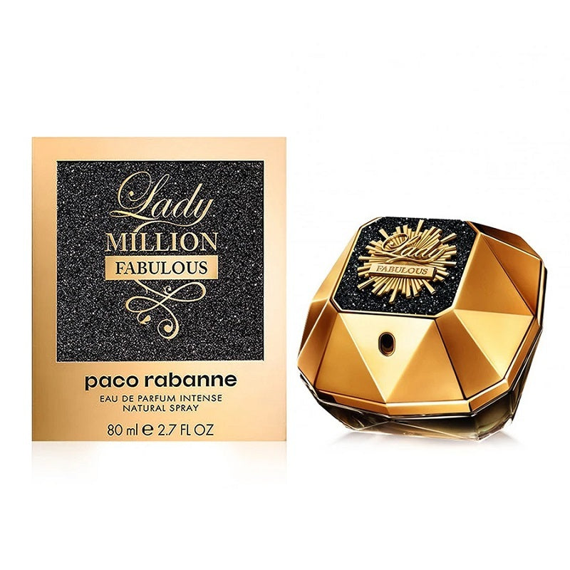 Packaging and bottle of Lady Million Fabulous Intense Eau De Parfum by Paco Rabanne, with the product name and volume indicated.